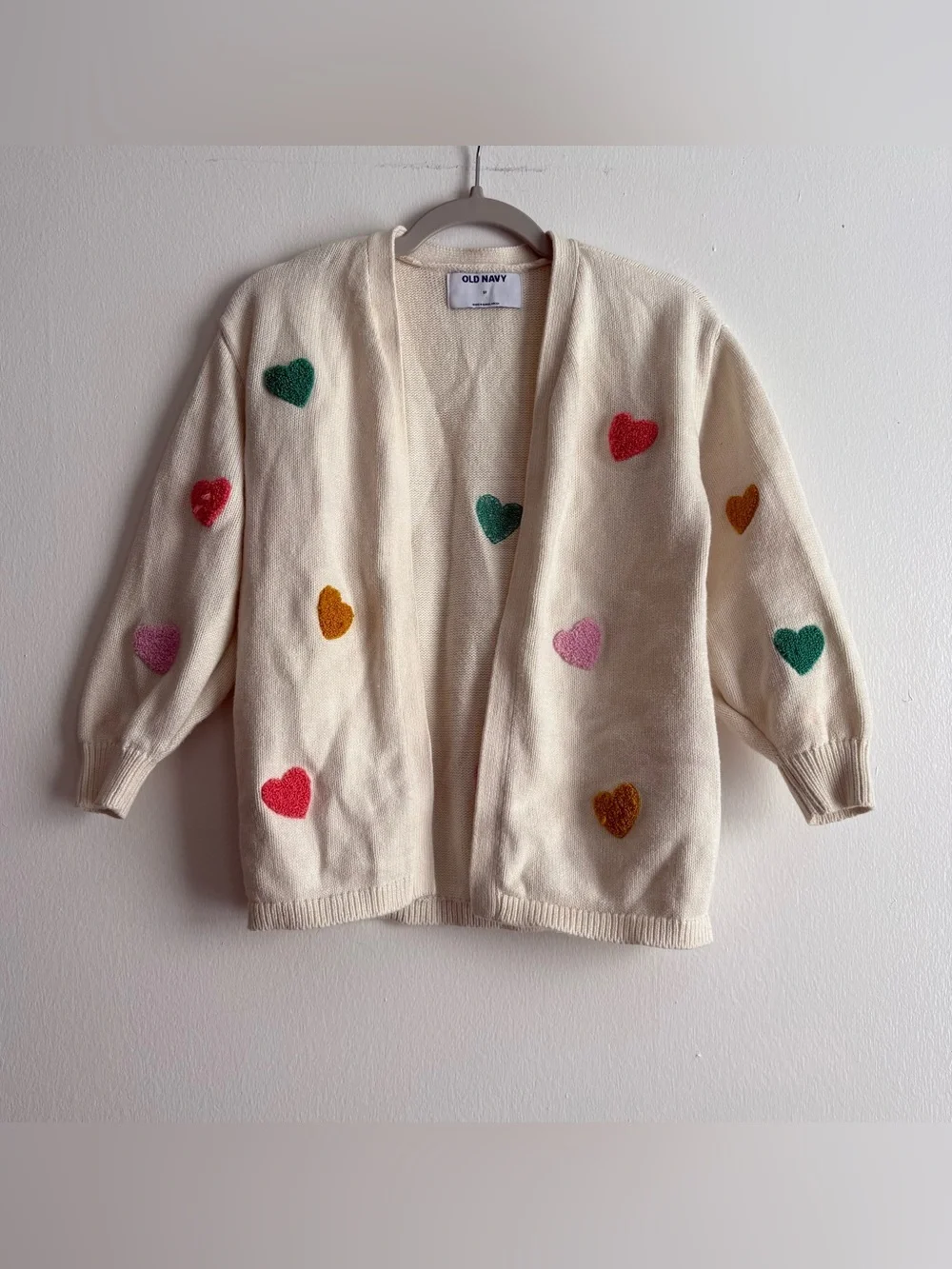 Old Navy Ivory Knit Open Front Cardigan Sweater Embroidered Hearts Girls 5T
